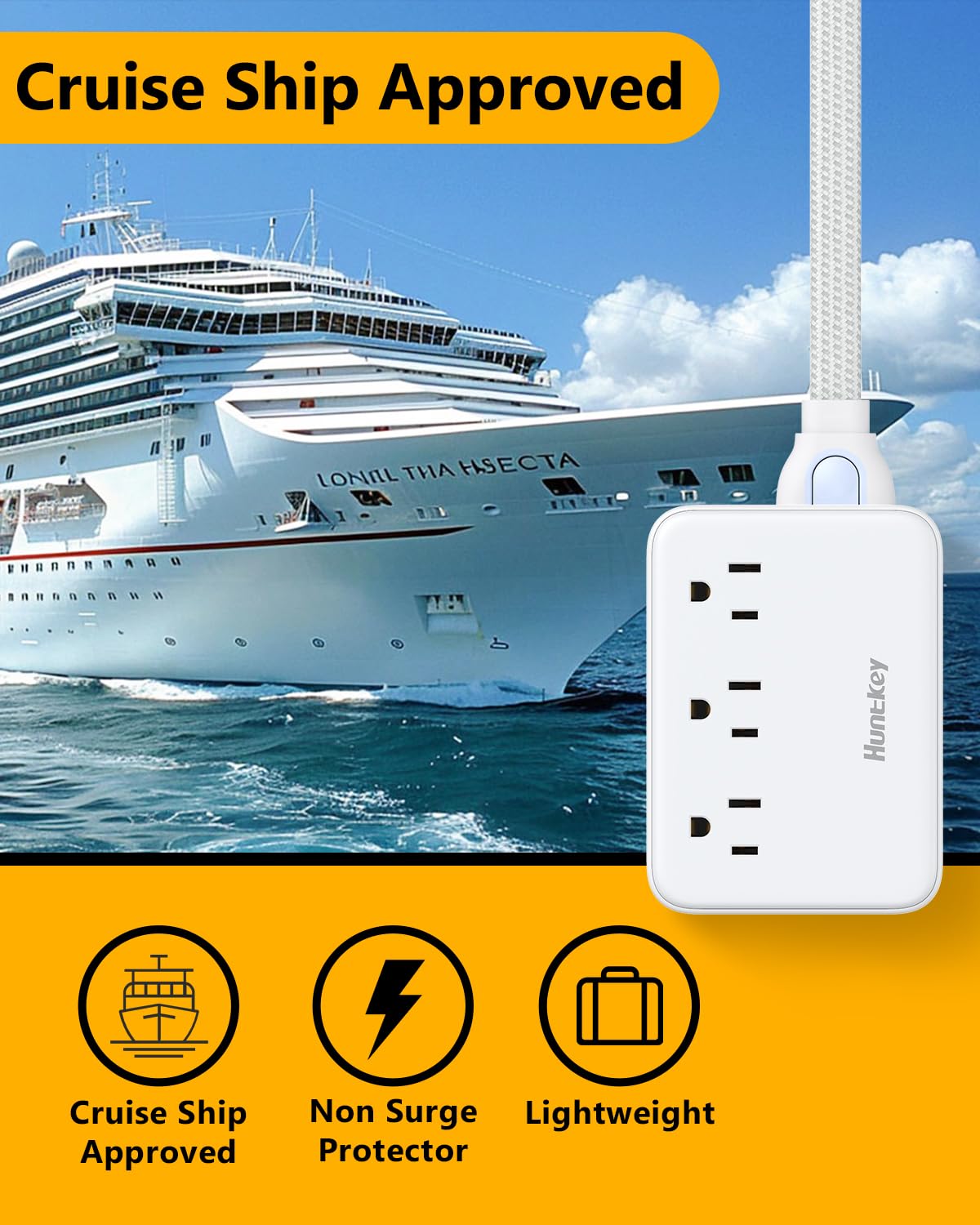 Non Surge Power Strip for Cruise, Travel Power Strip Cord Removable for Easy Packing, Huntkey 3 Outlets with 4 USB Ports (2 USB-C, 2 USB-A), 4ft/10ft/16ft Cord Available, Power Cord Sold Separately