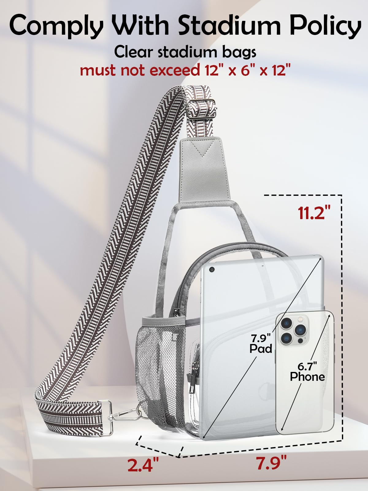 QOECI Clear Bag for Stadium Events, Clear Purses for Women Men, Large Stadium Bag with Water Bottle Holders, See Through Sling Backpack For Concert Sport Gym Travel, Light Grey