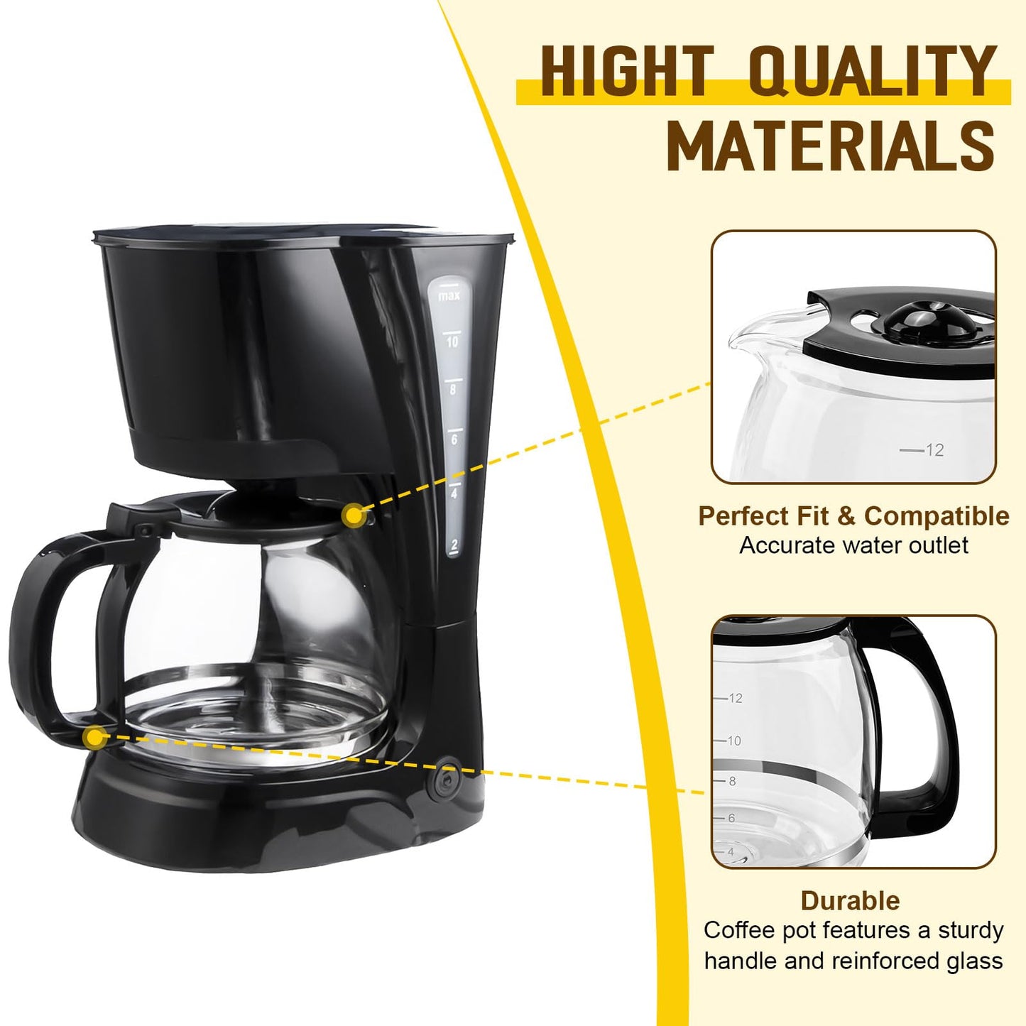 12 Cup Coffee Machine Glass Carafe Replacement for Mr. Coffee - With Heads Three Different Heights, Universal Carafe Coffee Maker Pot Accessory Easy Pour Spout and Comfortable Grip Handle,Black