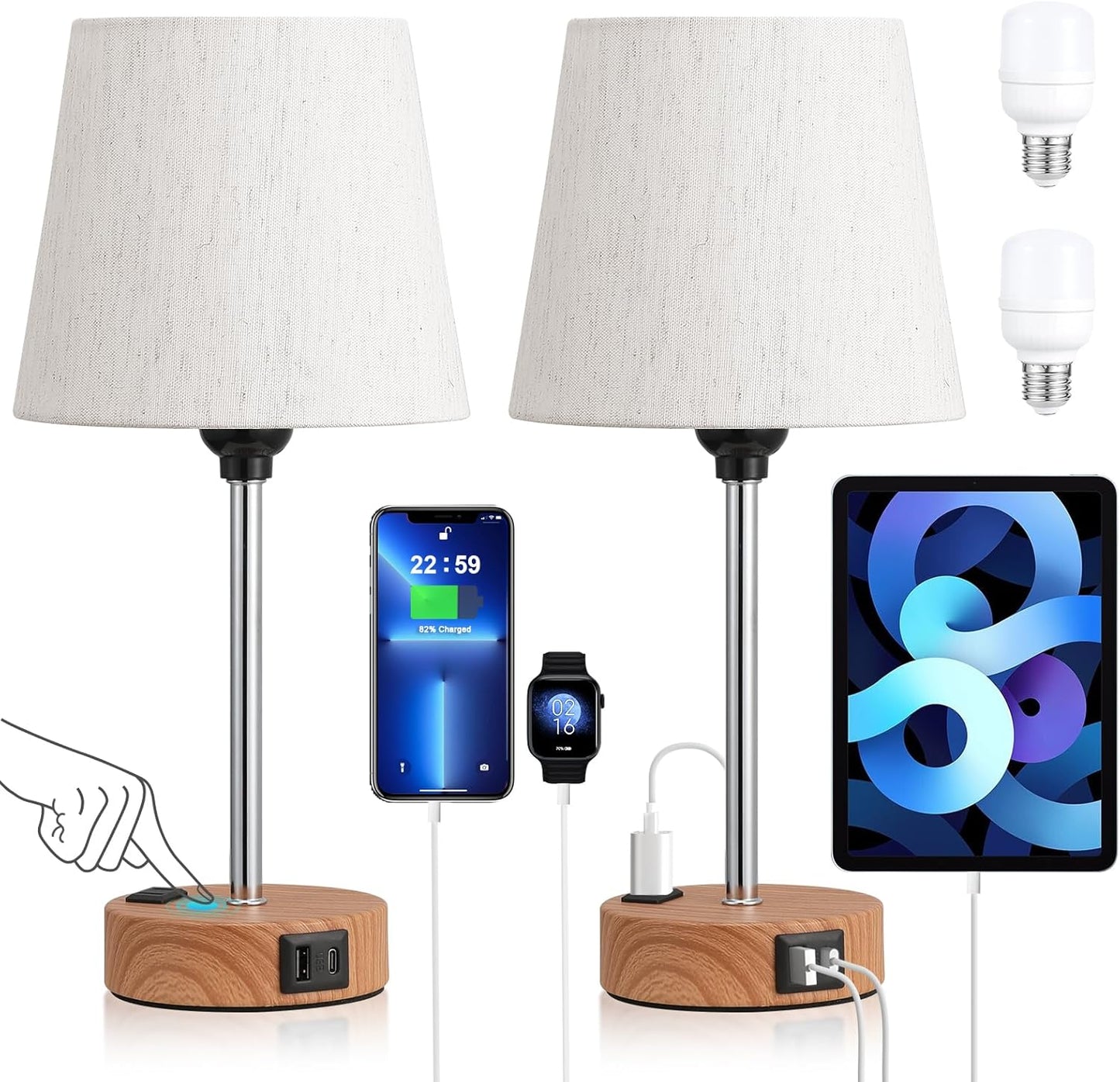 Set of 2 Mini Bedside Lamps with USB-C & AC Outlet - Dimmable Touch Nightstand Lights for Bedrooms
