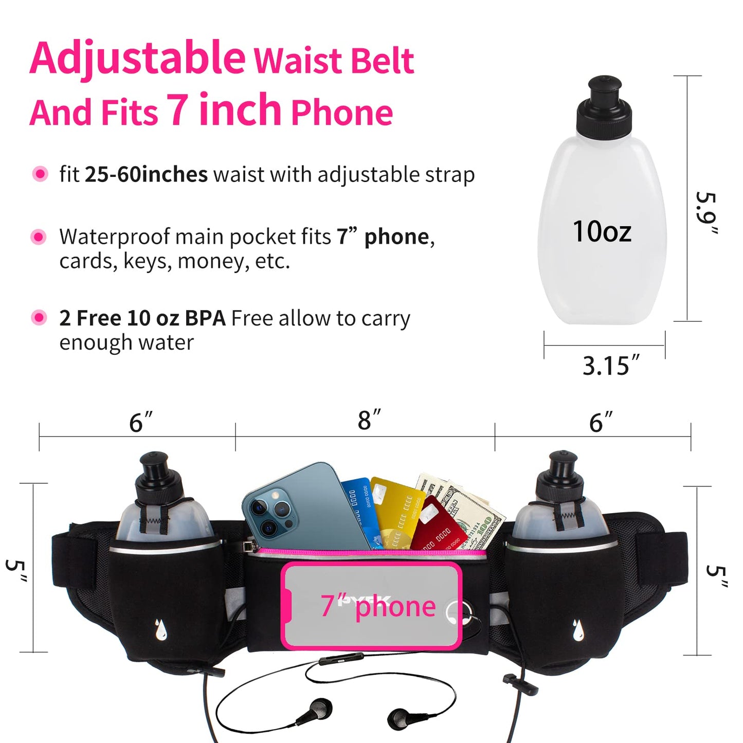 PYFK Running Belt with Water Bottles, Hydration Belt for Men and Women, Water Bottle Holder Running Pouch Water Belt, Fanny Pack Fits 7 inches Phones, Waist pack for Runner Jogging (rose red)