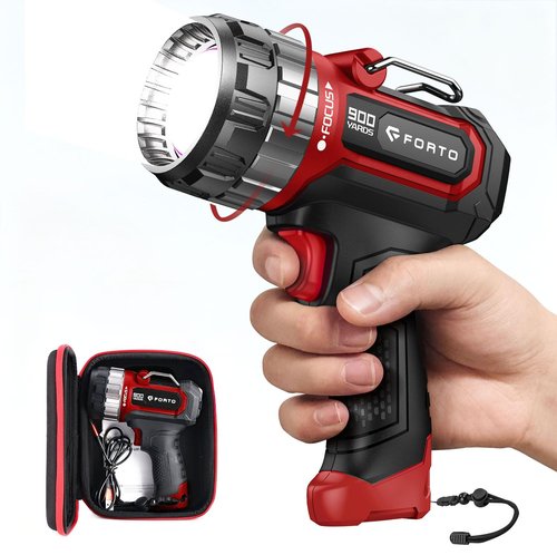 FORTO Compact Rechargeable Spotlight with Adjustable Focus, Handheld Spot Light with Stand, 823m Range, 3 Light Modes and LED Spot Lights Outdoor for Boating Hunting Camping Hiking