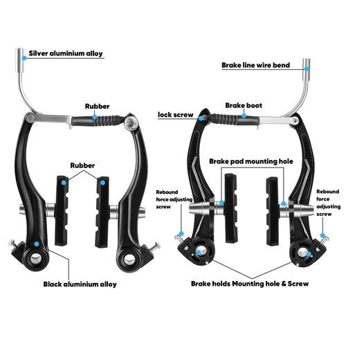 Hmseng V-Type Bike Brake Set, Complete Universal Bike Front and Rear MTB Brake, Bicycle Brakes, Inner and Outer Cables, Include Brakes Lever Calipers Multi-Tool Wrenches-Black