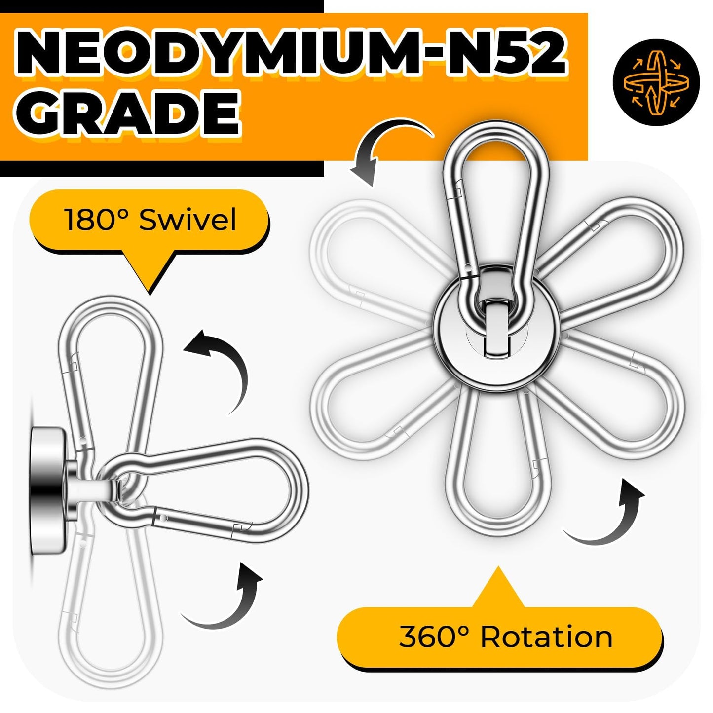 VNDUEEY Strong Magnetic Hooks, 6 Pack 70Lbs Neodymium Grade-52 Magnet Hooks Heavy Duty, Magnets with Swivel Carabiner Hook for Hanging, Cruise, Garage, Refrigerator, Kitchen, Office, Home