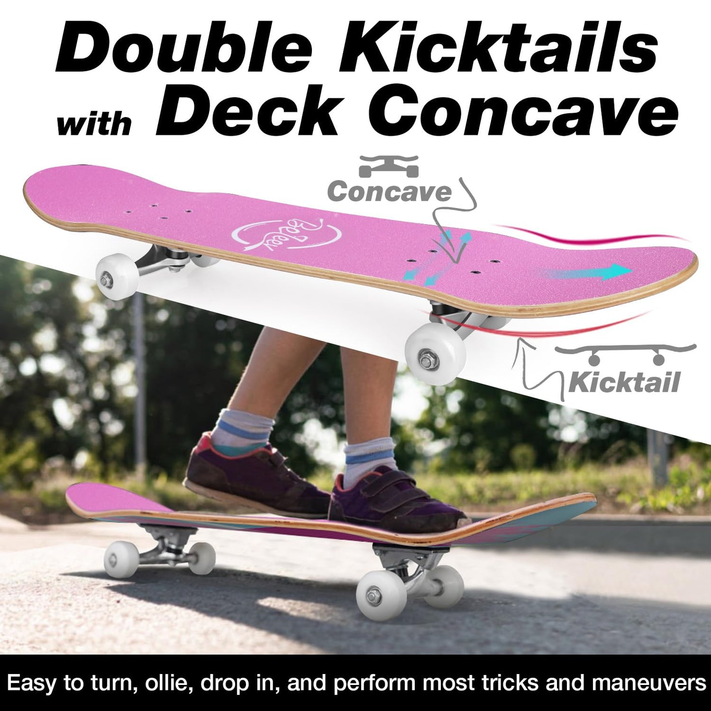 BELEEV Skateboards for Beginners, 31 x 8 inch Complete Skateboard for Kids Teens Adults, 7 Layer Canadian Maple Double Kick Deck Concave Cruiser Skateboard with Skate T-Tool(Light Pink)