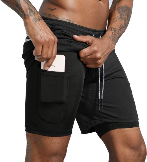 Leidowei Men's 2-in-1 Workout Running Shorts - Lightweight Training Gym Shorts with Zipper Pockets | 7" Length