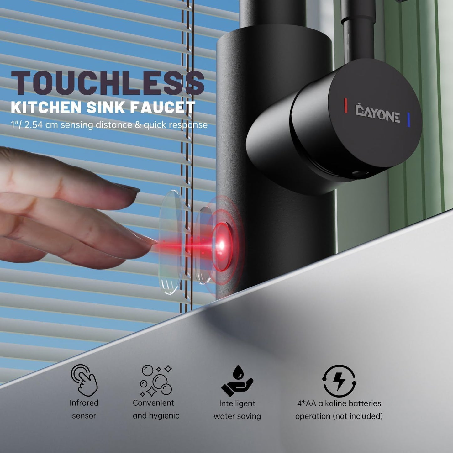 DAYONE Touchless Kitchen Sink Faucet with Pull Down Sprayer and Soap Dispenser, Black 3 Modes Motion Sensor Hands-Free Single Handle Touch Faucet for Kitchen Sink High Arc