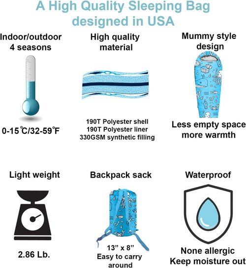 KidzAdventure Kids Sleeping Bag - Mummy Style, Lightweight, 4 Seasons | Includes Pillow Sleeve, Ideal for Camping & Sleepovers