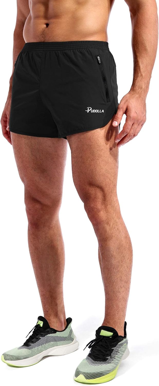 Pudolla Men's Running Shorts - 3 Inch Quick-Dry Athletic Gym Shorts with Zipper Pockets