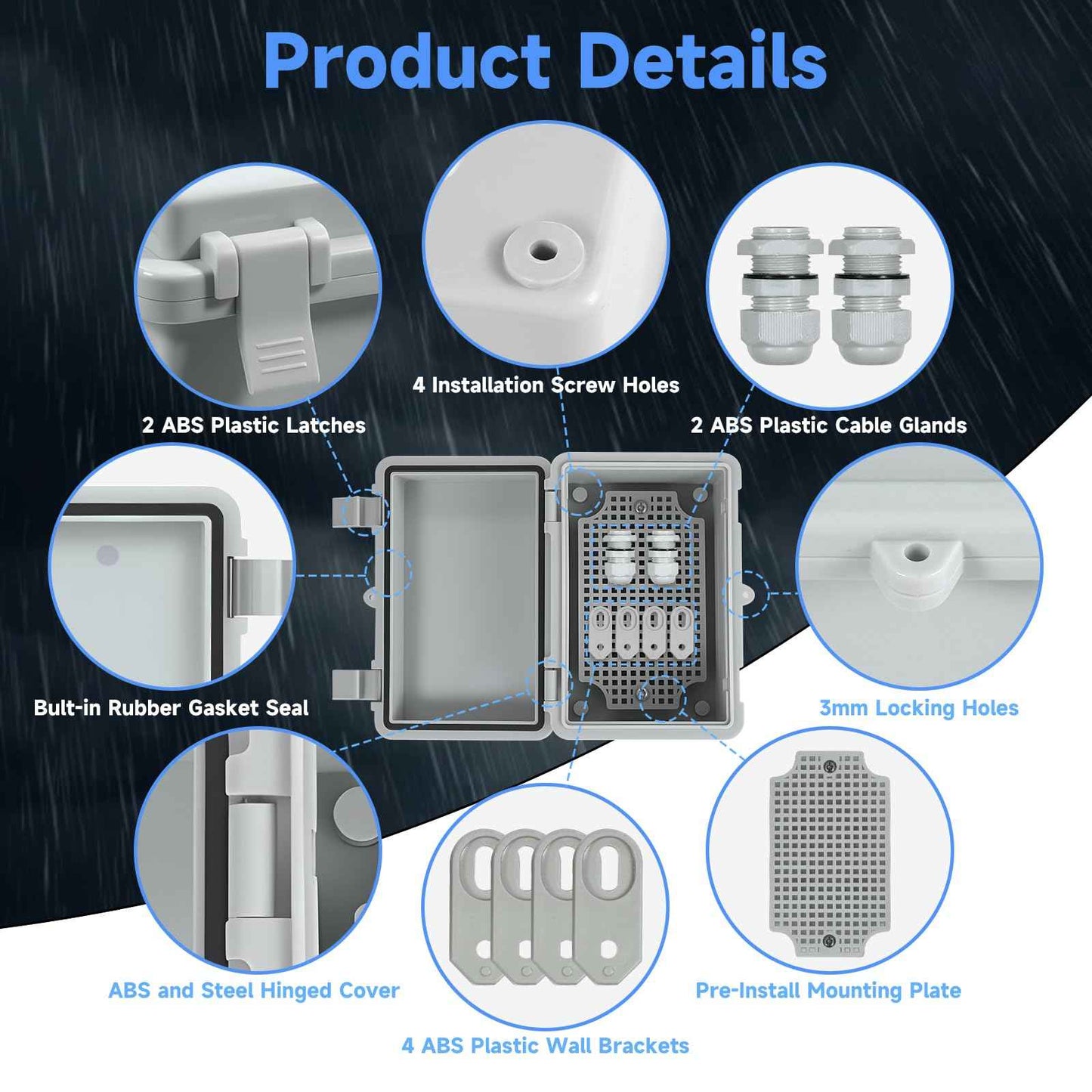 Outdoor Electrical Junction Box Waterproof IP65, Thicken ABS Plastic Project Enclosure Weatherproof with 1 Grid Mounting Plate, 2 Cable Glands, 4 Wall Brackets and 8 Screws (Small: 5.9"x3.9"x2.8")