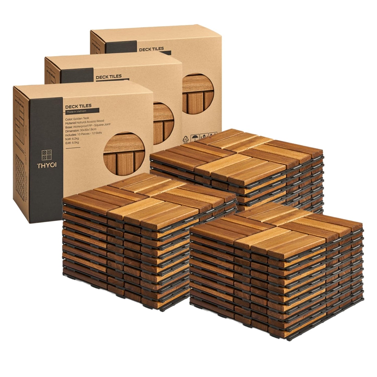 Outdoor Waterproof Acacia Wood Deck Tiles - 10 Pcs Patio Flooring for All Weather Use