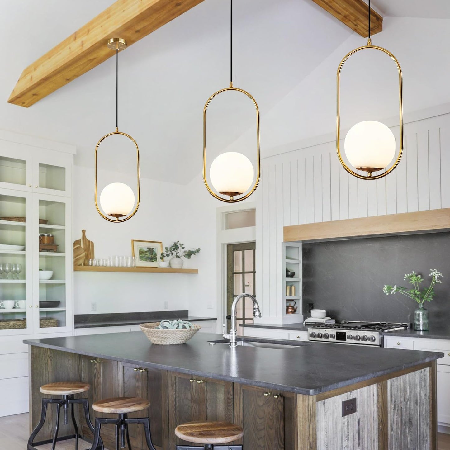 BOKT Modern 1-Light Large Globe Pendant Light Fixture Mid Century Brass Gold White Glass Pendant Lighting Kitchen Island Minimalist Round Ceiling Hanging Pendant Lamp (White-Large)