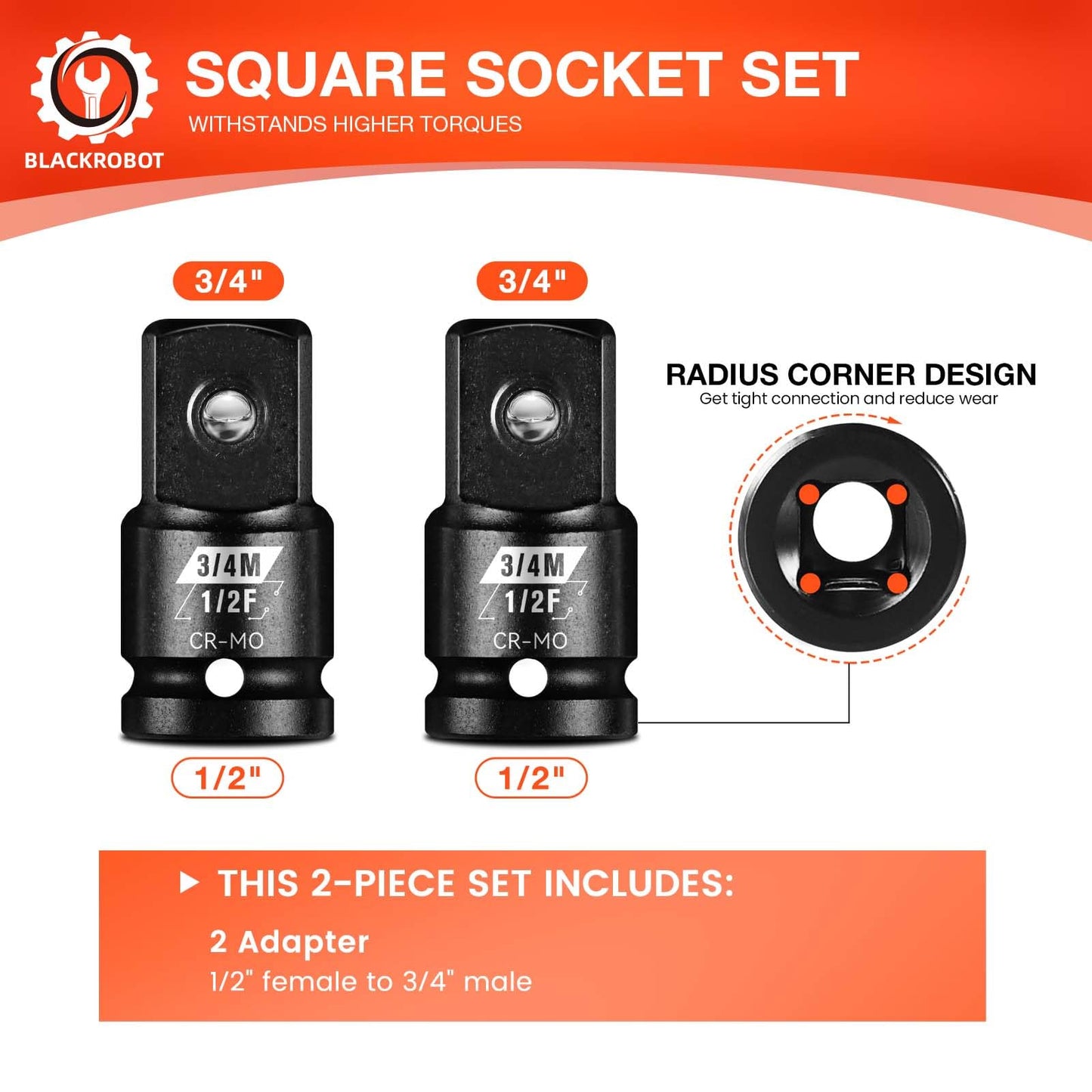 BLACKROBOT 2 Pieces 1/2” F To 3/4” M Impact Socket Adapter Set, SAE Drive Cr-Mo Steel Exceeds ANSI Standards, Square Drive Socket Reducer for Impact Driver Wrench