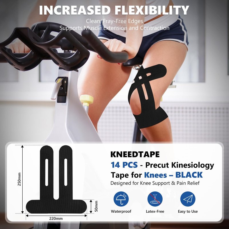 Precut Kinesiology Tape for Knees – 14 PCS Knee Tape for Pain Relief & Support, Elastic Waterproof Sports Tape, Breathable & Latex-Free, Pre Cut Athletic Tape for Workout & Injury Recovery, Black