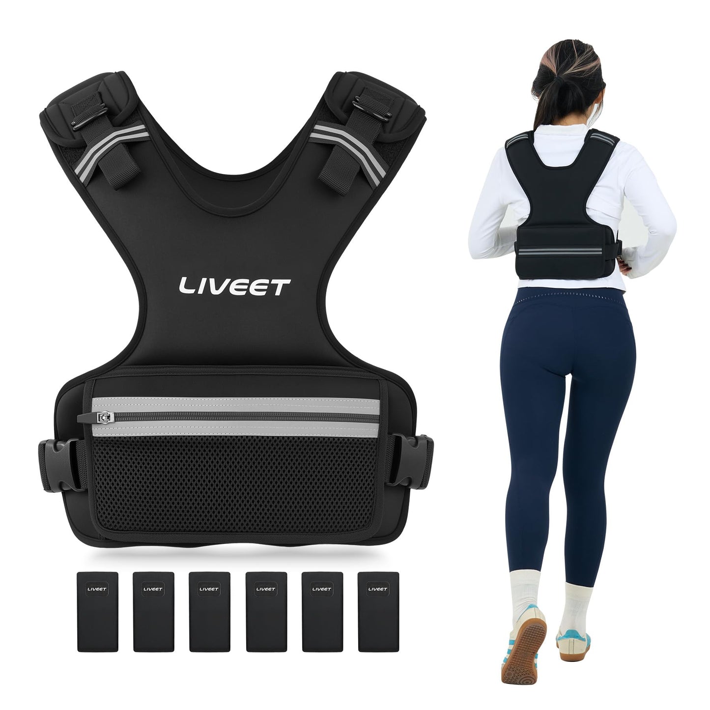 LIVEET Weighted Vest, 9-15lb/11-20lb/20-32lb Silicone Soft Iron Adjustable Weight Vest for Women Men with 6 Removable Blocks, Shoulder & Waist Adjustable Workout Vest for Training Walking Yoga