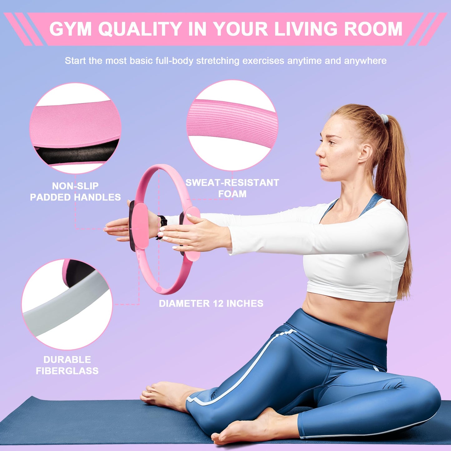 Home Pilates Essentials Kit for Women: 18Pcs Pilates Workout Equipment Set with Pilates Ring, Yoga Ball, Resistance Band, Pilates Fitness Set for Legs Arms, Gym Back Bag, Anti Slip Socks(Pink)