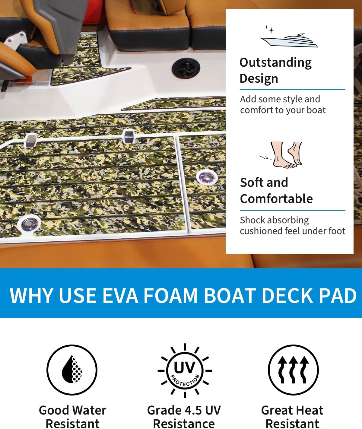OCEANBROAD 3M Self-Adhesive EVA Foam Camouflage Boat Flooring - Non-Slip Mat for Motorboats, 48''x16.8''