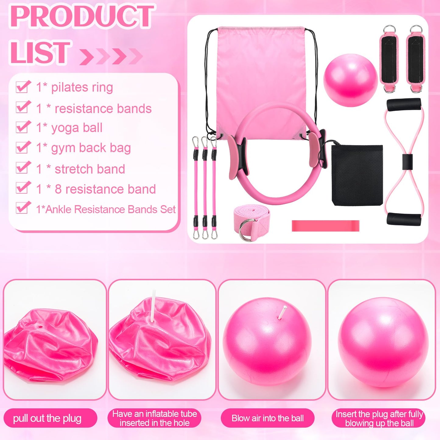 RoundFunny Pilates Ring Circle Set 15 Pcs Exercise Equipment Accessories for Women Workouts Pilates Ball Stretching Strap Gym Backpack Resistance Band Arm Stretcher for Training Body Shape