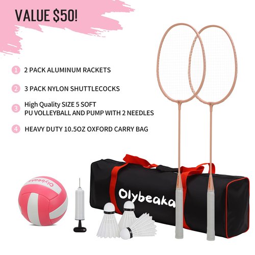 20ft Volleyball & Badminton Combo Net Set Outdoor for Backyard Beach with Adjustable Poles, Durable Anti-Sag Net, PU Volleyball, 2 Aluminum Rackets, Carry Bag for Easy Portable
