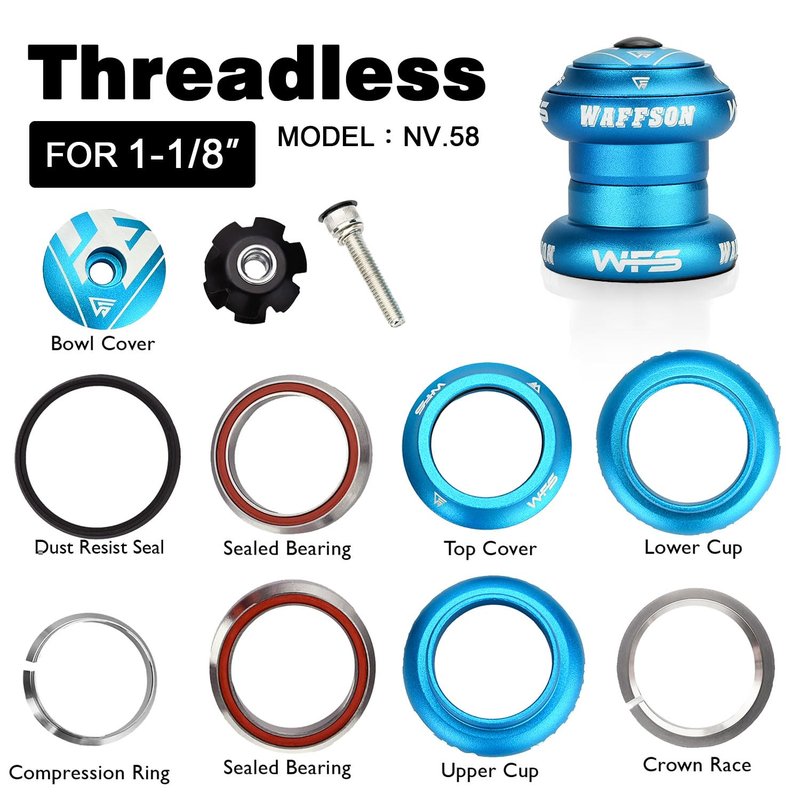 WFS NV.58 1-1/8 Inch Threadless Bike Headset - CNC Alloy, Sealed Bearings, for 34mm Head Tube, Includes Top Cap and Starnut, Blue