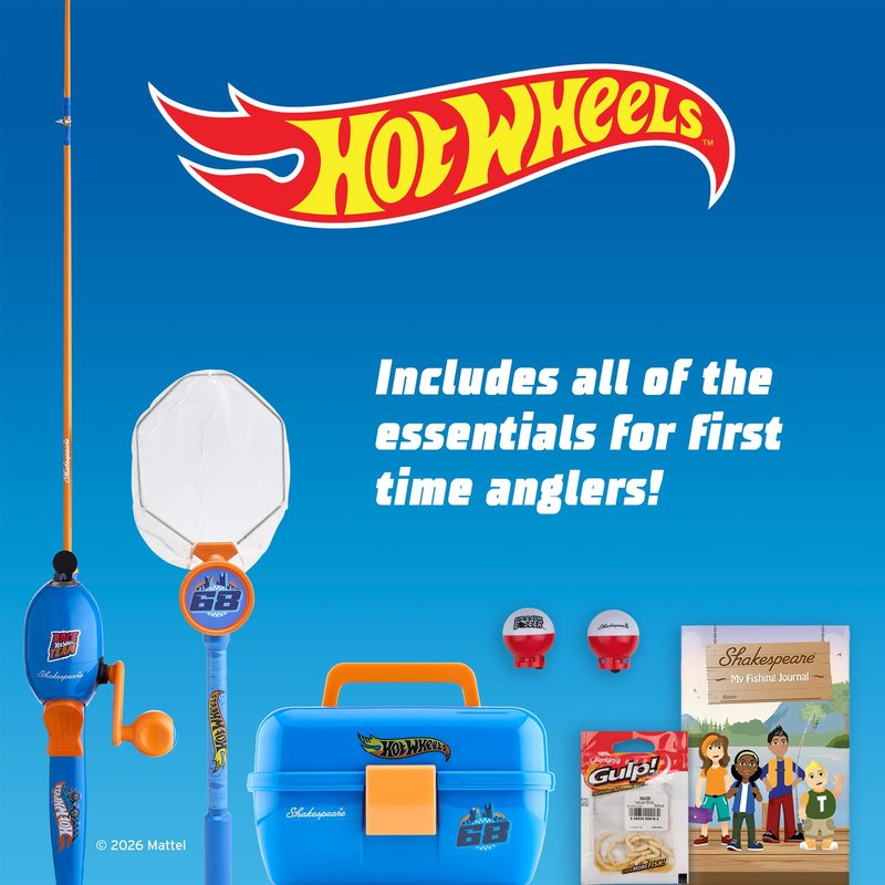 Shakespeare Mattel Hot Wheels Kids Fishing Set, 2’6” Kids Fishing Rod and Reel Combo, Comes with Net and Tackle Box, Complete Kit with Bobbers and Bait