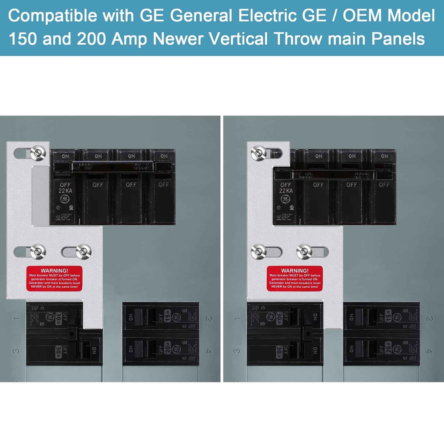 Generator Interlock Kit for GE General Electeric 200 Amp or 150 Amp Vertical Main Breaker Panels, 2 1/4 Inch Spacing Between Main and Branch Breaker, Vertical Interlock Kit