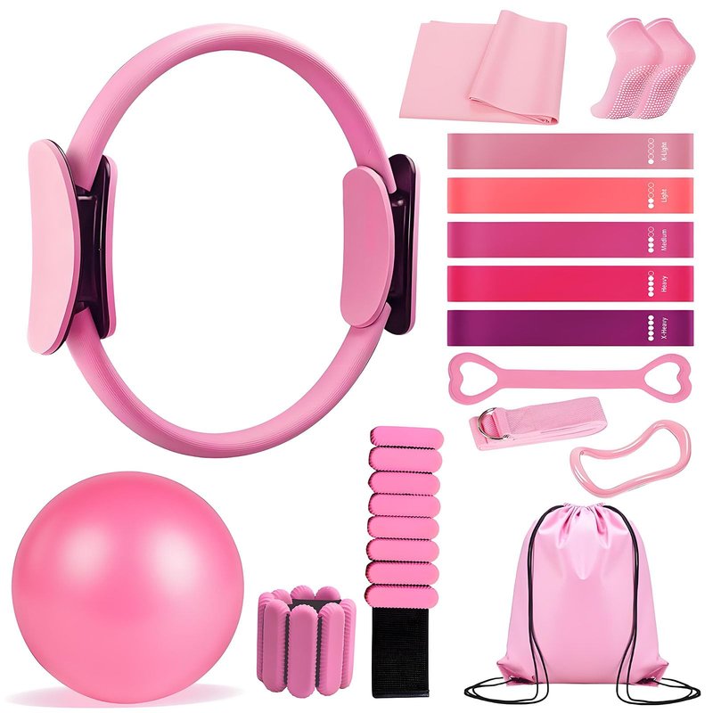 Pilates Ring Set with Adjustable Resistance, Full Body Workout Kit for Women, Portable Travel Bag (Pink)