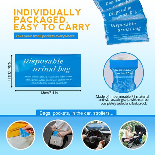 Moodooy Disposable Emergency Urinal, Portable Camping Urinre Bag, Travel Pee Bags, Traffic Jam Emergency Portable Urine Bag, Vomit Bags, for Men Women Kids Children Patient （12 Pack Blue
