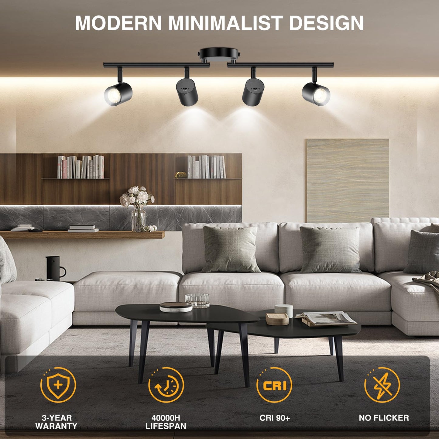 VANoopee 5-Color 4 Light Black LED Track Lighting Fixtures Ceiling for Kitchen, Dimmable Track Lighting Kit, Ceiling Spotlight Flush Mount Adjustable Directional Spot Lights Indoor, CRI90 2400lm 30W