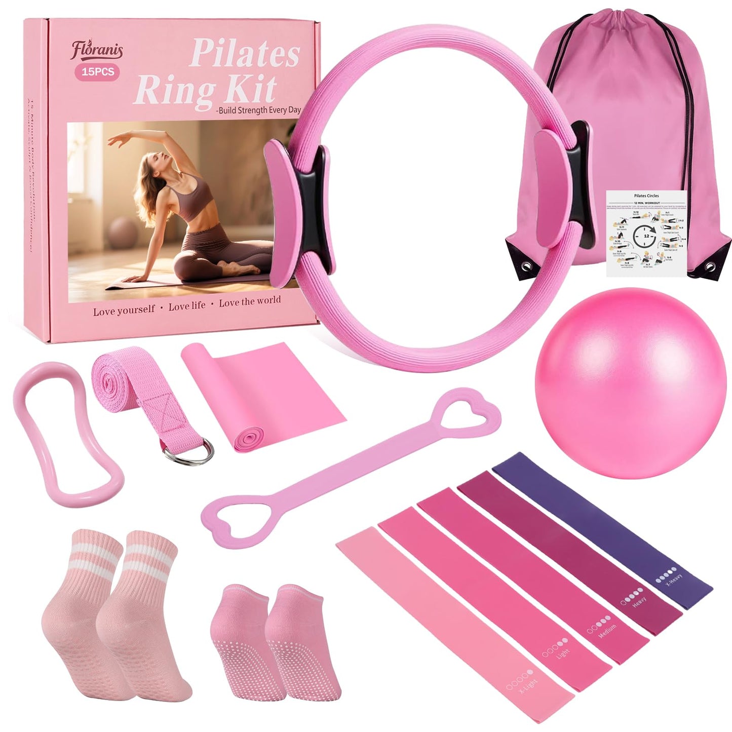 Floranis Pilates Essentials Kit at Home, Ring and Ball Pilate Workout Equipment Set for Women, Magic Circle with 5 Resistance Bands Premium Accessories Kits for Starter Toning Workouts