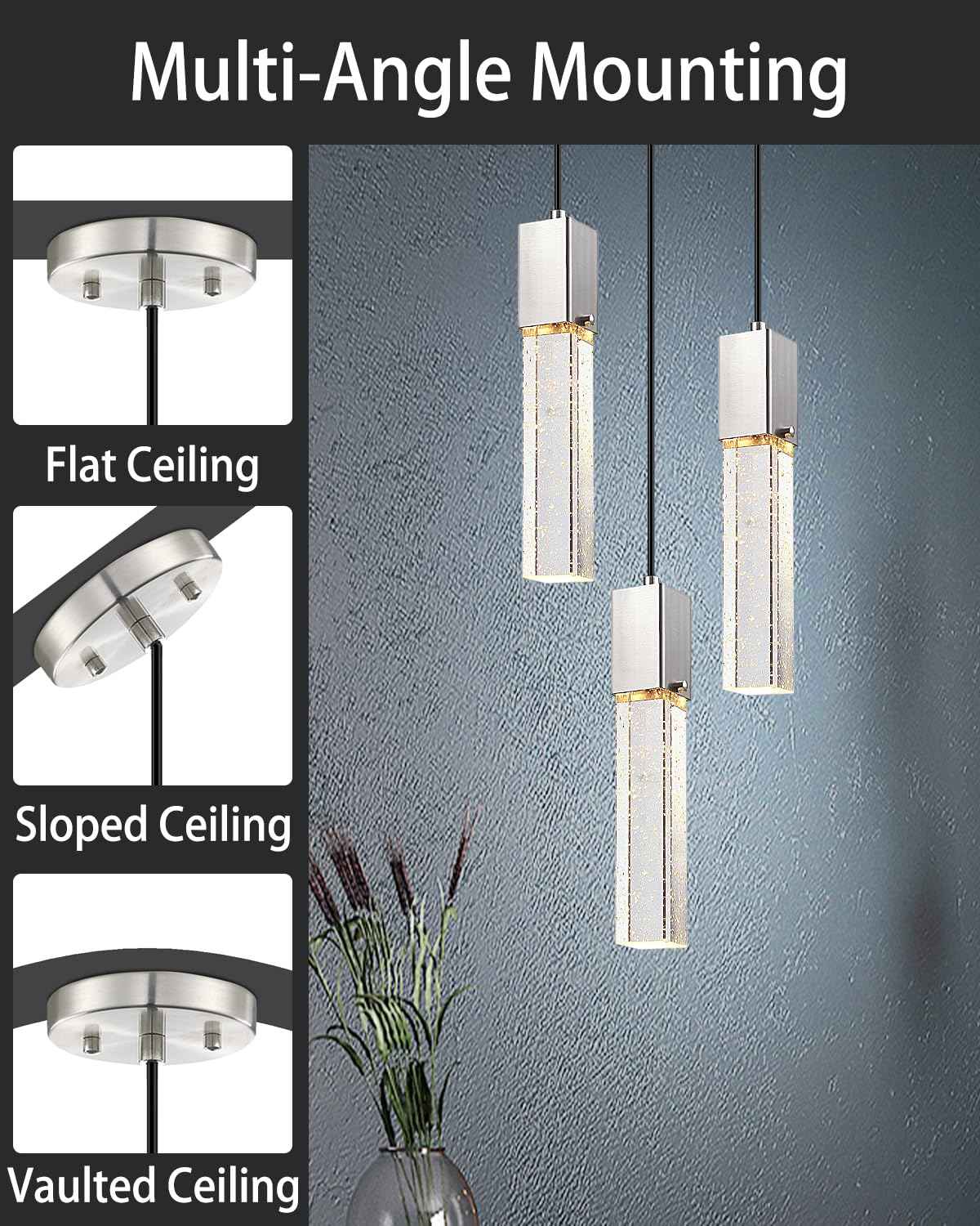 SEENMING HOUSE Mini Integrated Hanging Crystal Kitchen Island Modern Concise Pendant Ceiling Light Fixture,for Kitchen Island Dining Room Bedroom Hallway,UL Listed (Brushed Nickel, 2 Pack)