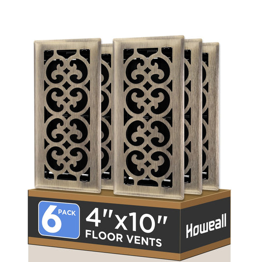 Howeall 4x10 Inches 6 Pack Heavy Duty Walkable Floor Register - Easy Adjust Air Supply Lever Decorative Floor Vent Covers, Charlotte Design Vent Covers for Home - Antique Brass