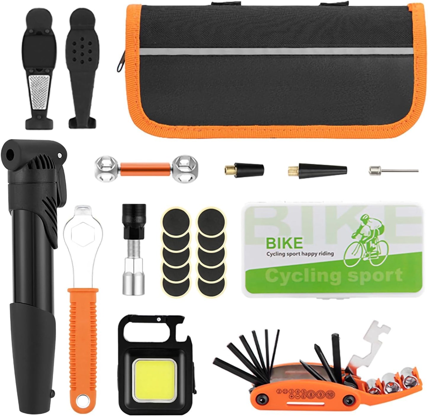 MORITAS PET Bike Repair Kit with Pump & LED Light — 16-in-1 Portable Bicycle Tool Bag, 120 PSI, Glueless Patches, Multi-Tool for Road, Mountain, Gravel & E-Bike