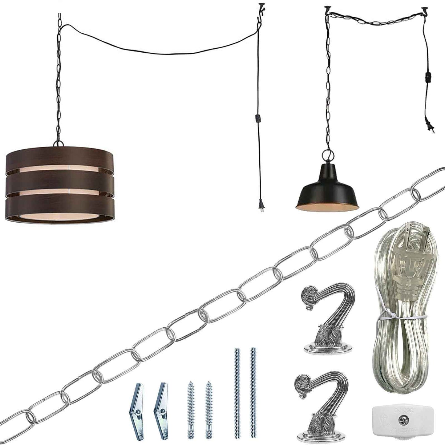 ECUDIS Swag Light Kit, Lamp Parts Chandelier Light Fixture Chain Swag Kit Includes 12 Ft Chain, 15 Ft Cord with Switch, 2 Swag Hooks and Mounting Hardware (Nickel)