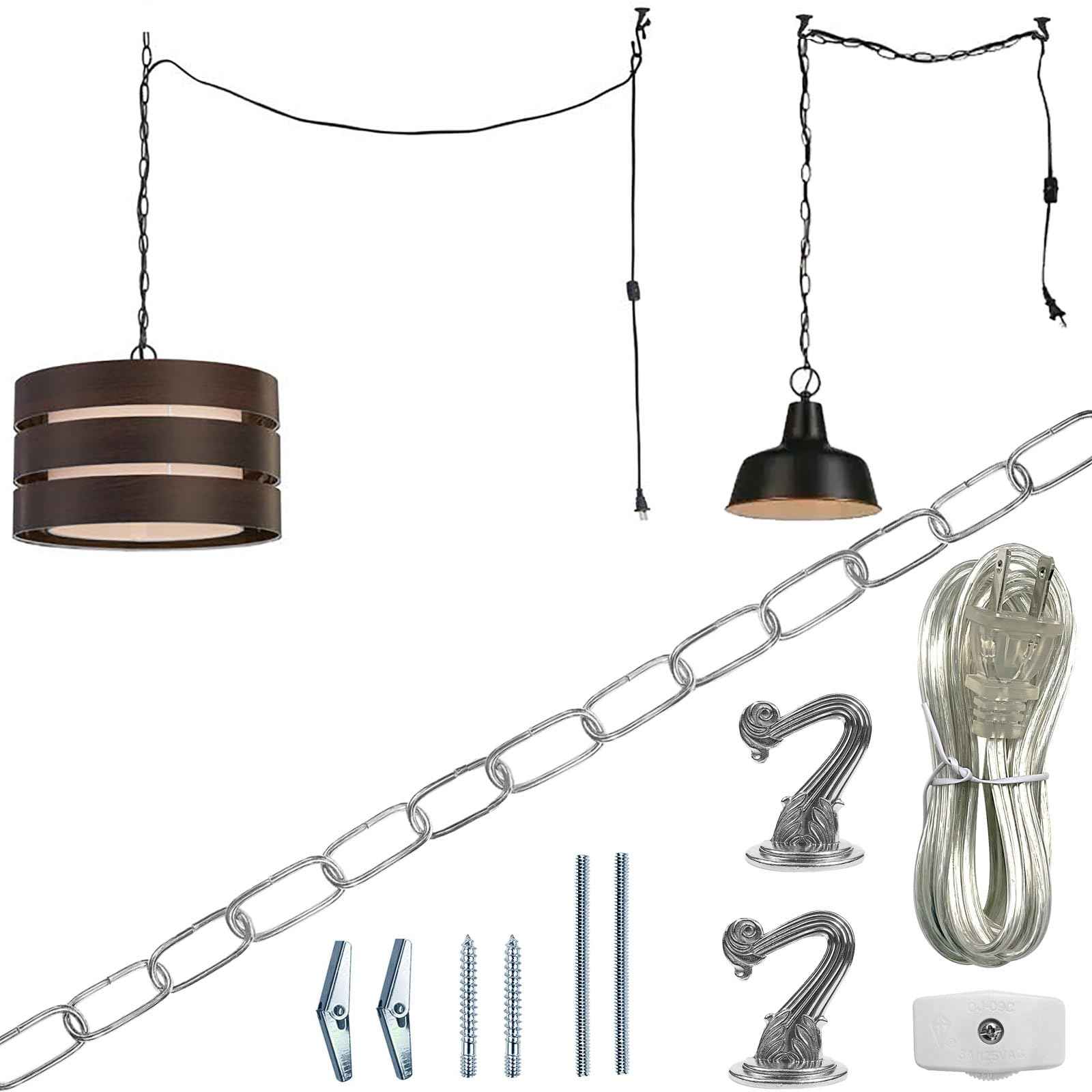 ECUDIS Swag Light Kit, Lamp Parts Chandelier Light Fixture Chain Swag Kit Includes 12 Ft Chain, 15 Ft Cord with Switch, 2 Swag Hooks and Mounting Hardware (Nickel)