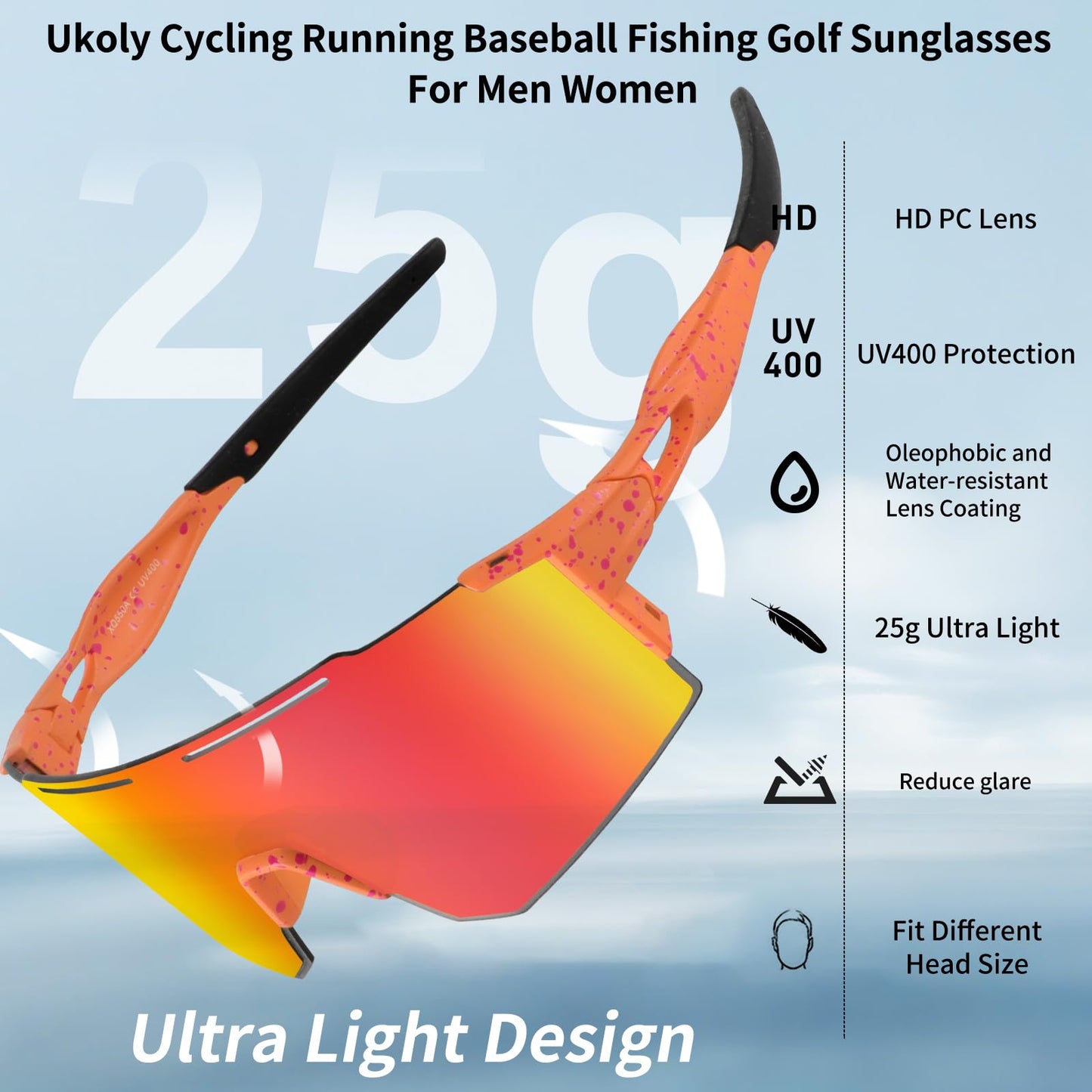 Ukoly Cycling Sunglasses for Men Women with Interchangeable nosepad, Polarized Sports Sunglasses, Baseball Sun glasses 550A LO