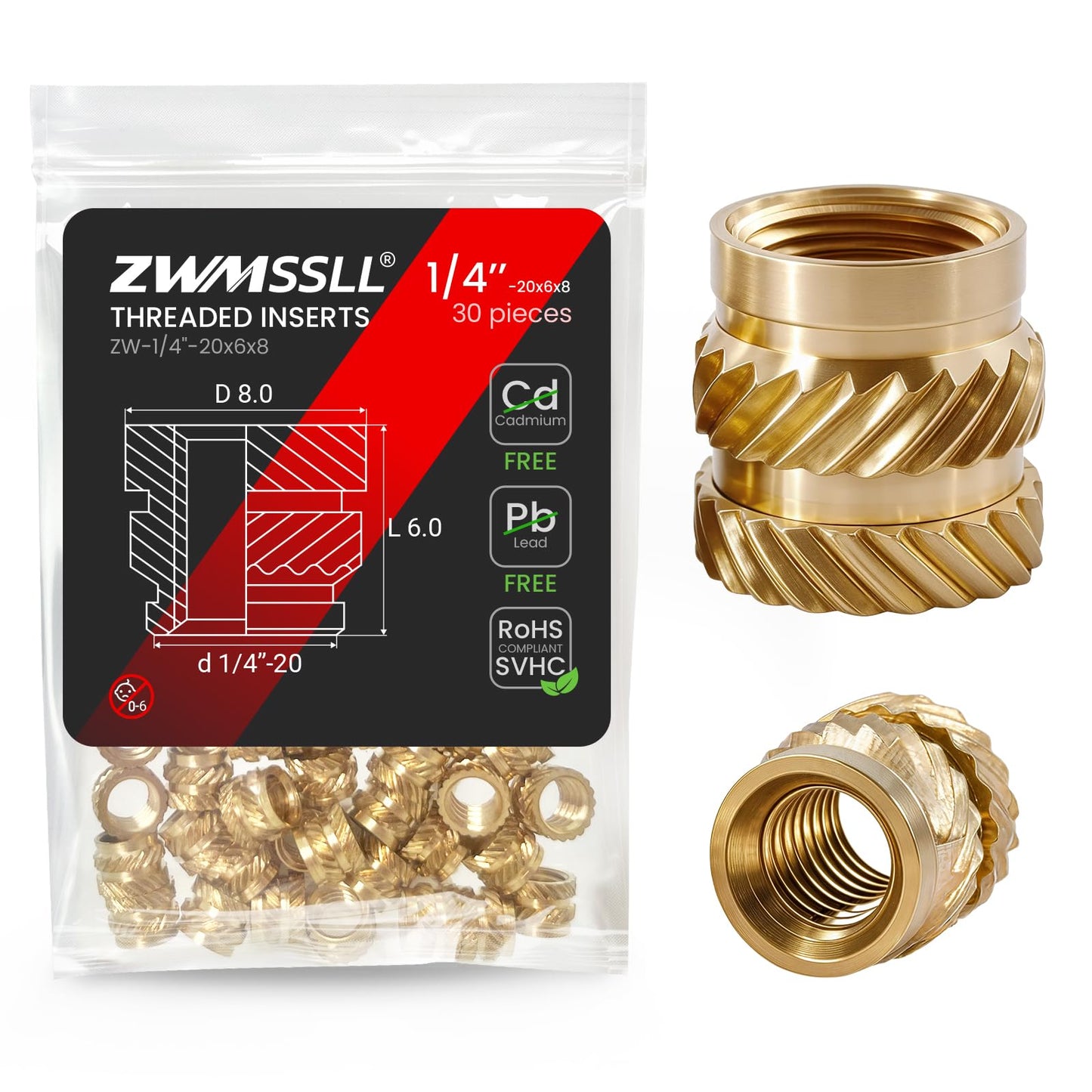 ZWMSSLL 1/4"-20 Heat Set Threaded Inserts,30 Pieces 1/4"-20x6x8 Heat Set Insert for 3D Printing Components and Plastic Parts,Brass Knurled Nuts