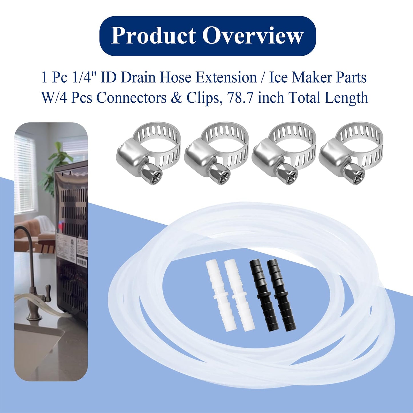 1/4'' ID 6.5 Ft Drain Hose Extension, Ice Maker Parts, Compatible with GE Opal Nugget & Other Ice Makers, with 4 Pcs Connectors & Clips, for Cleaning & Maintenance fit Multiple Purpose