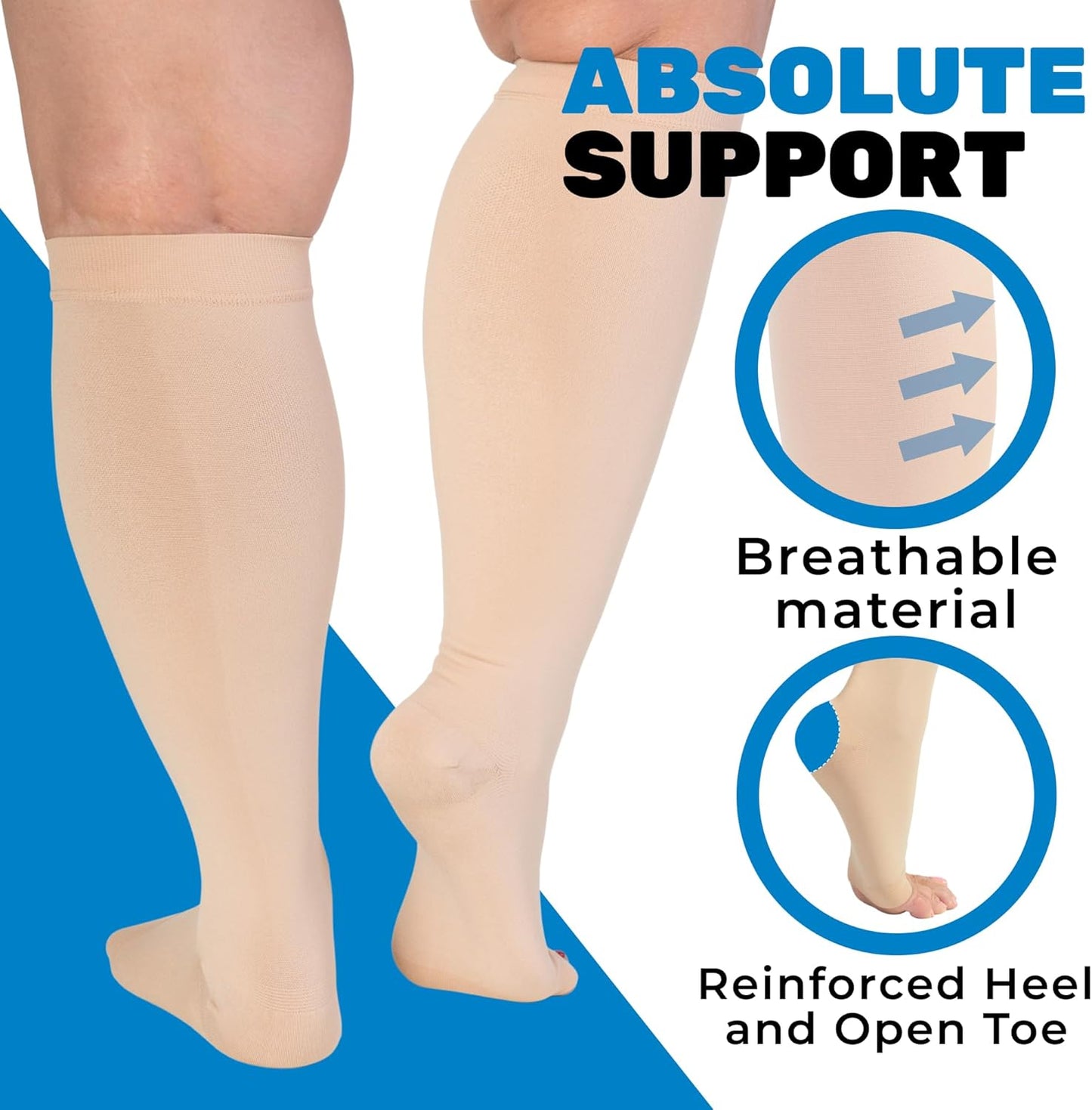 Skiennix Open Toe Compression Socks - Plus Size 15-20mmHg Toeless Wide Calf Support - 3 Pairs
