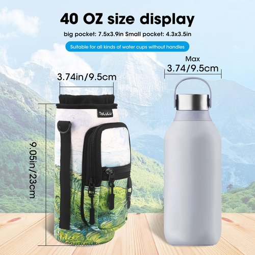25/32/40oz Water Bottle Carrier Bag With Pocket, Crossbody Insulated Neoprene Adjustable Shoulder Strap Water Bottle Pouch Case, Water Bottle Holder Sling Sleeve for Walking Hiking, 40oz Green Theme
