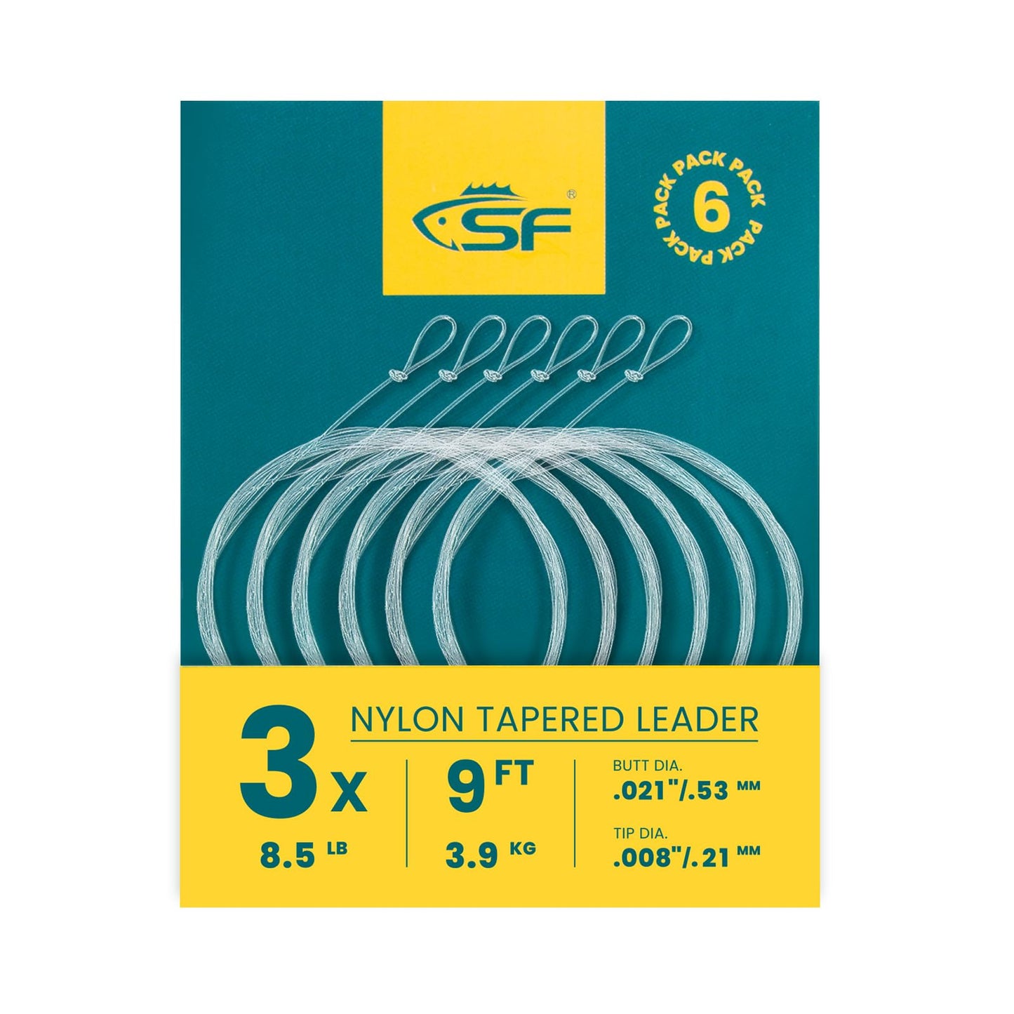 SF 6PCS Pre Tied Loop Fly Tapered Leader Nylon Fly Fishing Trout Leader Line 9FT-3X
