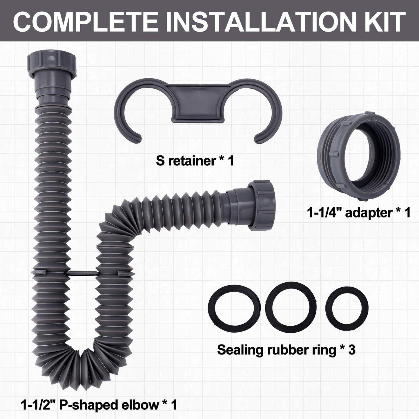Sink Drain Kit, 1-1/2 Inch Expandable Flexible P-Trap 7.5 Inch - 17.7 Inch Flexible Sink Drain Pipe for Bathroom Sinks Kitchen Sinks