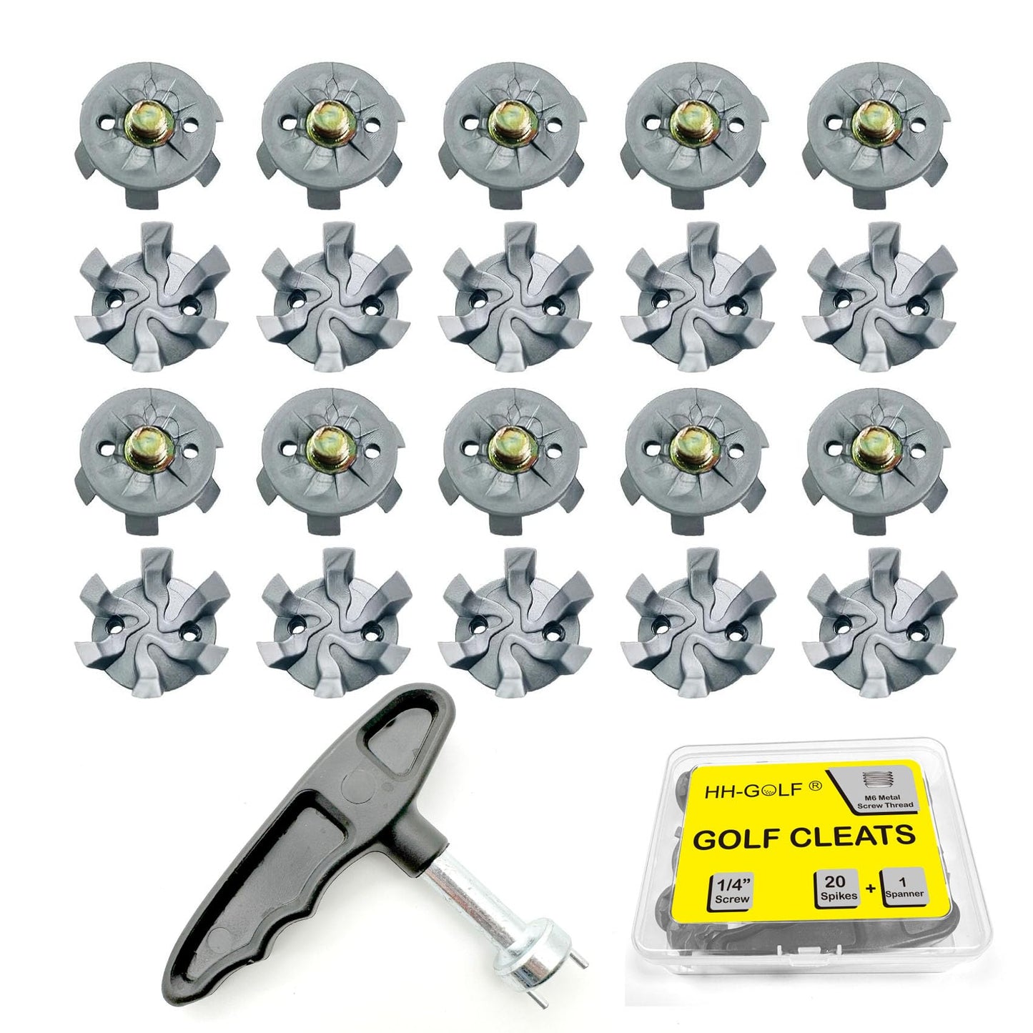 HH-GOLF 21 Pcs Golf Shoe Spikes Replacements Set with 20 Cleats and 1 Spanner, Metal Screw Threading Dia ¼ Inch or 6mm Easy to Install on Golf & Cricket Spike Shoes