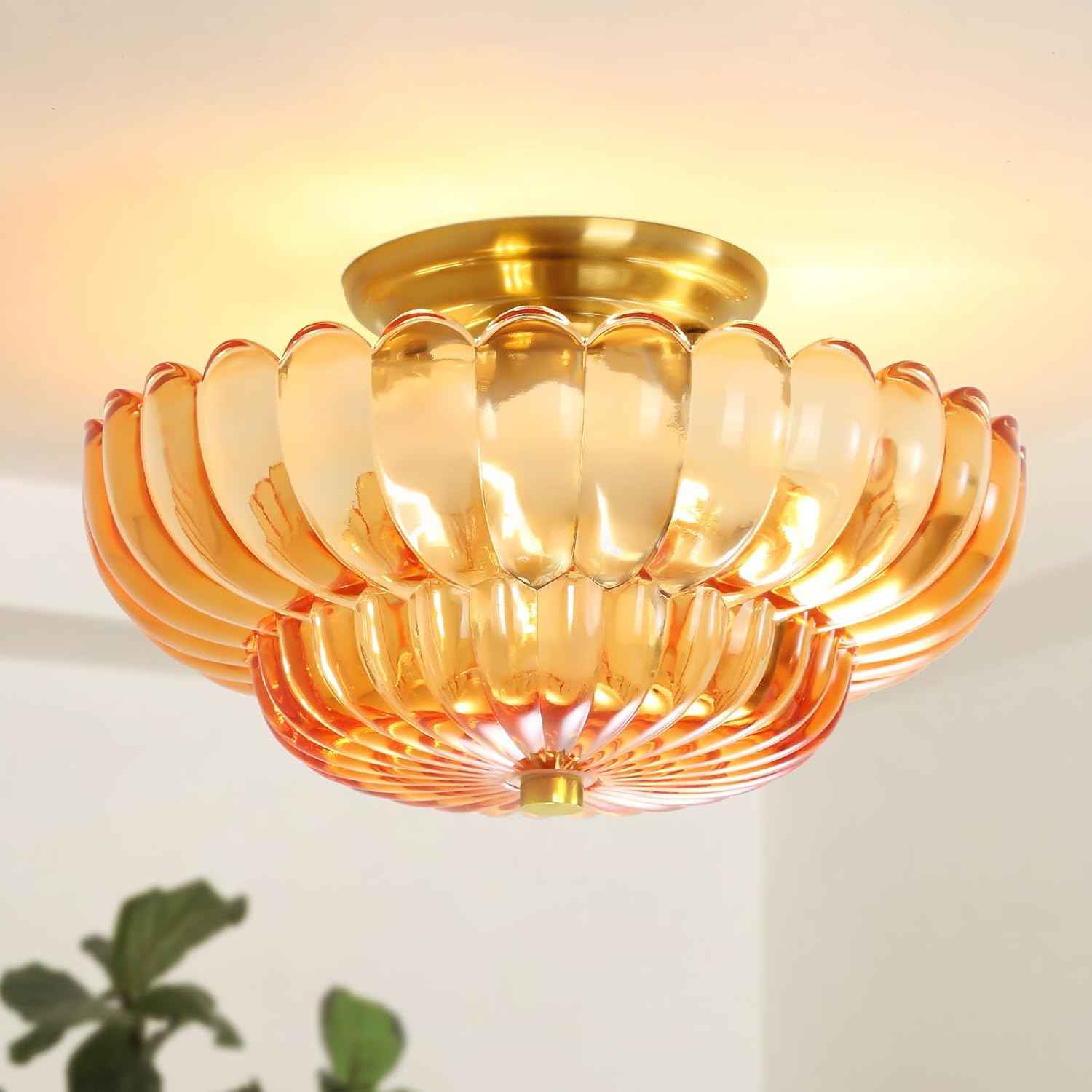 Modern Semi Flush Mount Ceiling Light Fixture with Brown Glass & Black Base - Ideal for Living Room, Kitchen, Bedroom, Hallway (Bulb Not Included)