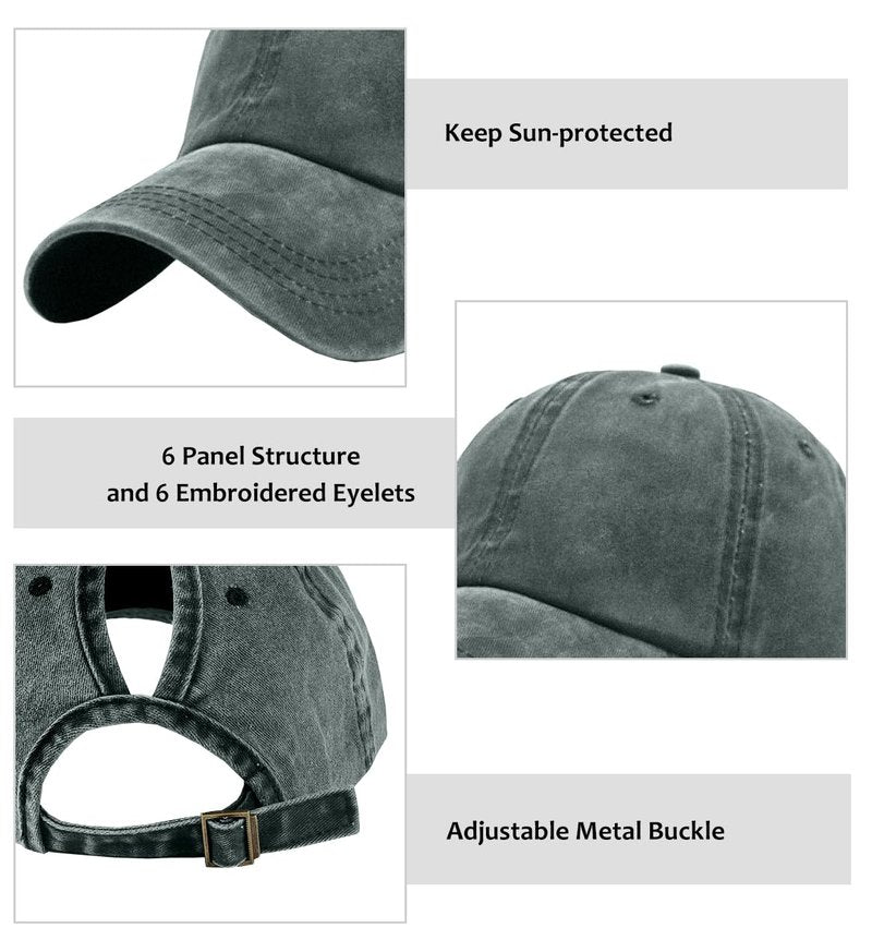 ZEXIAN 3 Pack Womens Vintage Washed Distressed Baseball-Cap with Ponytail Hole Sport Golf Hat (Black+Green+Khaki)