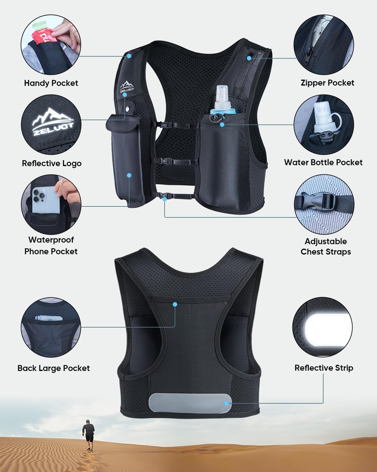 Zelvot Running Vest - Adjustable Hydration Backpack with 500ml Soft Flask | Lightweight & Reflective for Men & Women