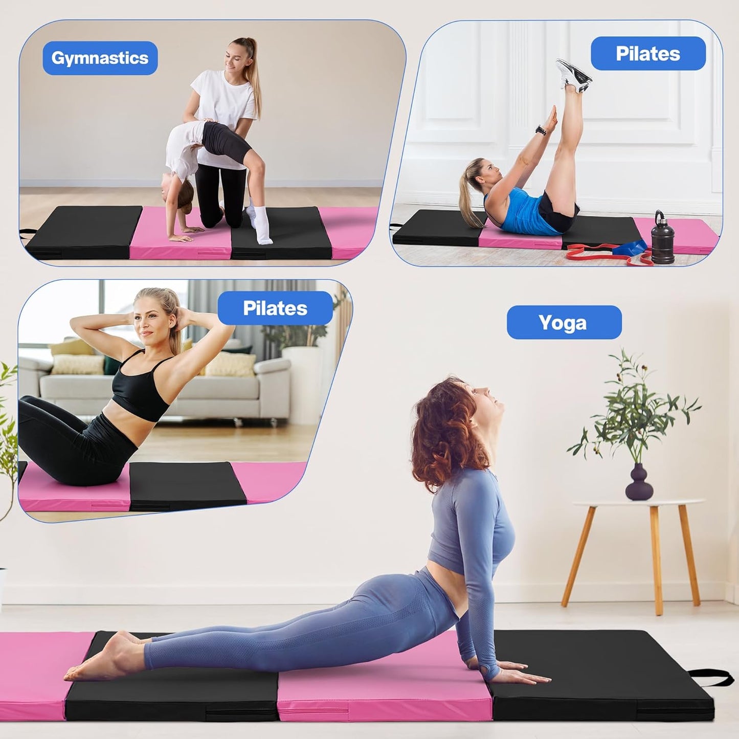 Skiennix Gymnastics Mat - Portable 4-Fold Tumbling Mat with PU Leather & Carry Handle - 6'x3'x2'' for Home Workout, Yoga, MMA, Pilates
