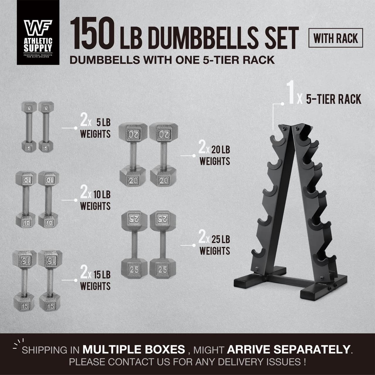 WF Athletic Supply Cast Iron Dumbbell Set, Solid Hexagon Grey Dumbbell Set, Strength Training Free Weights for Women & Men
