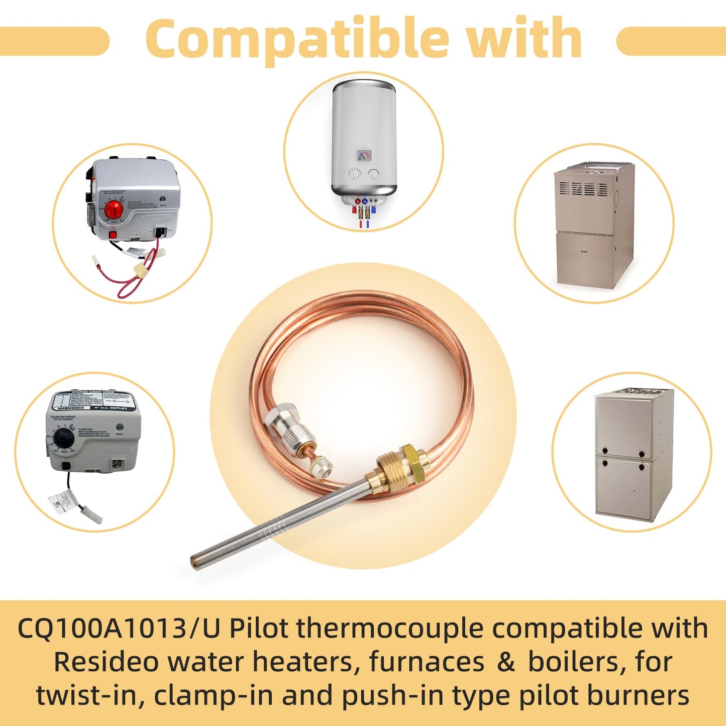 24 Inch Thermocouple for Resideo, CQ100A1013/U Water Heater Thermocouple, Gas Furnaces Thermocouple Fits Screw-in, Clamp-in ＆ Push-in Type Pilot Burners, Boiler Thermocouple Parts