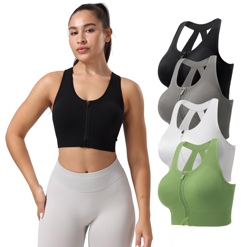 Senlinyoga Zip Front Sports Bras for Women-Medium Support Padded Bra Fitness Workout Yoga Gym Running Crop Tank Top Black